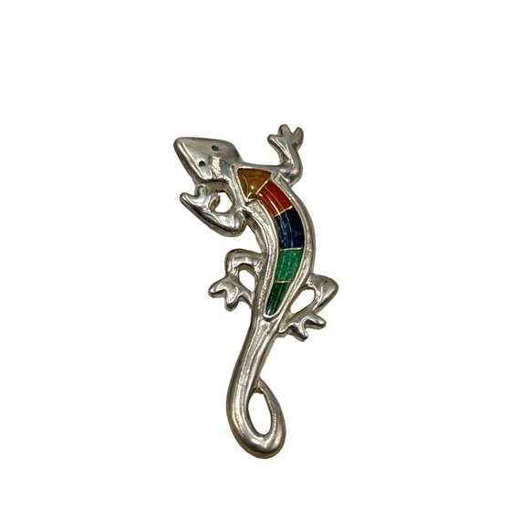 Carolyn Pollack Relios Sterling Silver Multistone Inlay Lizard Brooch Southwest - Picture 1 of 8